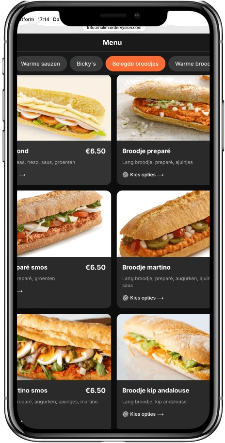 Vysion Order menu op smartphone